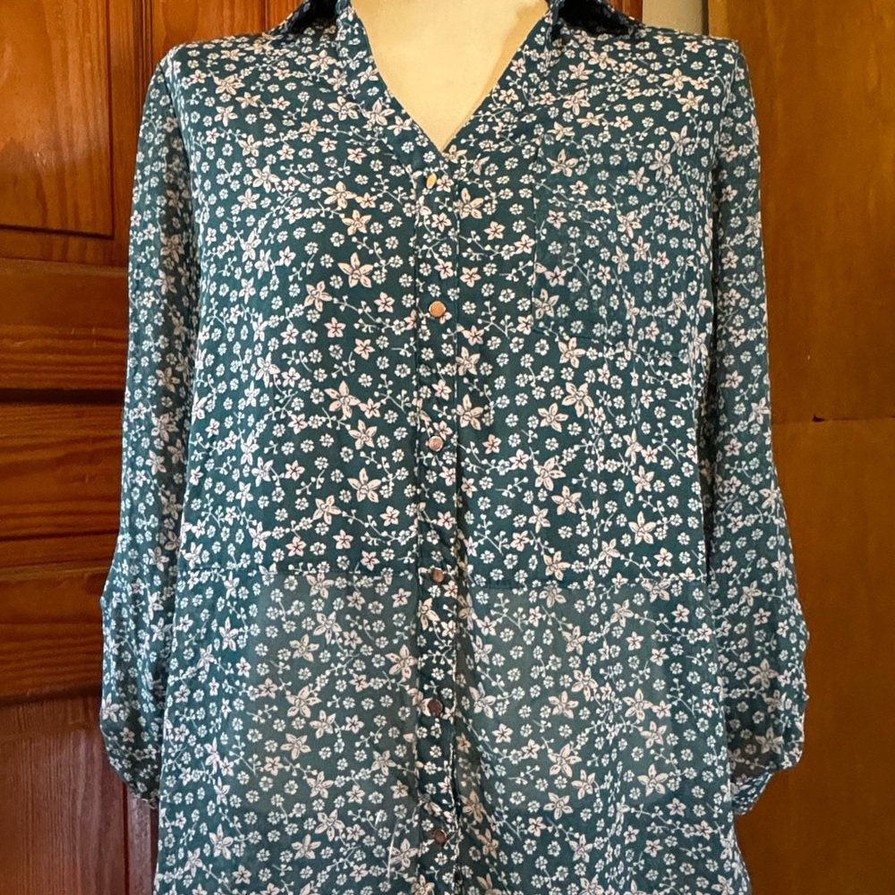 Candies Floral Green Split-Back Silky Blouse Long Sleeve Large